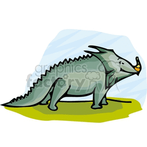 The clipart image displays a stylized, cartoon depiction of a dinosaur. The dinosaur appears to be a herbivorous species, possibly modeled after dinosaurs like a Triceratops due to its horns and a large frill, although with some creative liberties. It has a prominent beak, a row of spikes along its back, and it stands on four legs. The dinosaur is depicted on a greenish-yellow terrain with a light blue and white background that might suggest the sky.