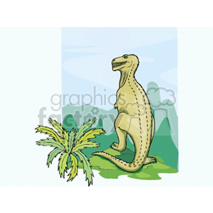 The clipart image depicts a yellow-green dinosaur sitting next to plants, with a backdrop suggesting a natural, prehistoric environment.