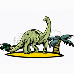 The clipart image depicts a green dinosaur resembling a sauropod, with a long neck and tail, standing alongside palm trees which provide a prehistoric context.