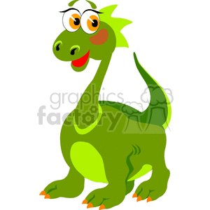 The clipart image features a stylized, cartoonish green dinosaur with a long neck. The dinosaur is smiling, has large, expressive eyes, a ridge of spiky plates along its back, and orange claws.