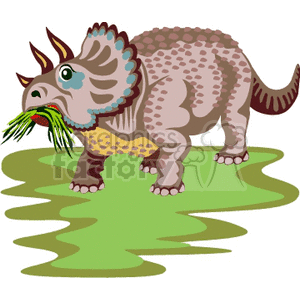The image depicts a stylized cartoon of a triceratops dinosaur. The triceratops, characterized by its three horns and large frill at the back of its head, is illustrated standing on a patch of green, likely meant to represent grass. This friendly-looking dinosaur is shown chewing on some green vegetation.
