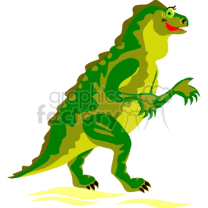 This clipart image features a cartoon dinosaur standing upright. The dinosaur has a whimsical expression with a smile on its face and looks friendly. It has green skin with darker green spots and a light underbelly. The pose of the dinosaur is dynamic, as it appears to be stepping forward with one leg raised and arms outstretched, adding to its playful appearance.