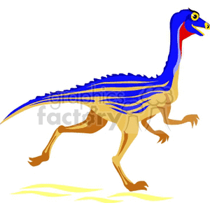 The image shows a cartoon depiction of a dinosaur. This dinosaur is bipedal, meaning it stands on two legs, and it has a slender body with a long tail for balance. The dino has a long, curved neck and a small head with bright, expressive eyes. Its skin appears to be blue with darker blue stripes running along its back and tail, and it has a yellow underbelly. The dinosaur's posture suggests that it might be running or moving quickly.
