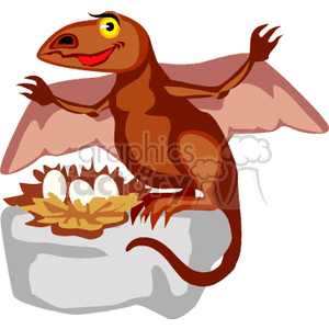   In this clipart image, there is a cartoon of a brown dinosaur. The dinosaur appears winged, a bit like a pterosaur, smiling and sitting next to a nest containing three eggs. The nest is on a rock, and the dinosaur