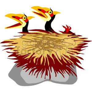 The clipart image depicts two stylized, cartoonish dinosaurs with elements resembling birds. They are sitting in a large nest made of sticks and straw, which rests on a gray stone-like base. The dinosaurs have bright yellow heads with red accents, long necks, and a single visible red claw each, suggesting that they may be based on theropods like the Velociraptor or a Deinonychus.