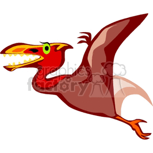 This image features a cartoon representation of a pterodactyl, which is a type of flying dinosaur, or more accurately, a prehistoric flying reptile. The pterodactyl has a bright red body, large wings, a long beak with sharp teeth, and prominent eyes.