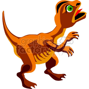   The image depicts a cartoon of a brown dinosaur. The dinosaur appears to be standing on two legs and has a pair of small arms, with an open mouth as if it is roaring or calling out. The style is simple and colorful, suitable for a children