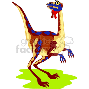 The clipart image depicts a stylized, colorful dinosaur that appears to be a whimsical representation of a carnivorous therapod like a Velociraptor or a similar theropod dinosaur. The dinosaur is shaded with a combination of blue, yellow, and red, most notably with a bright blue head and red detailing around the eyes and mouth. It has an exaggerated, comical facial expression and stands on two legs, with its hands and arms outstretched. The dinosaur is situated on a green patch that could be interpreted as grass.