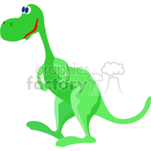 The clipart image features a stylized, cartoon-like green Tyrannosaurus rex (T-Rex) dinosaur. It has a playful and friendly appearance, standing upright with a smiling face, small arms, and a long tail.