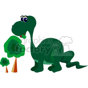   The clipart image features a cartoon of a green dinosaur with a long neck, similar to a Brachiosaurus or Apatosaurus. The dinosaur has a friendly appearance with big blue eyes and a small smile. There are also two stylized trees next to the dinosaur, with one being very small and another that is slightly larger. In addition, there are two orange cones, suggesting a playful or educational setting, such as a children