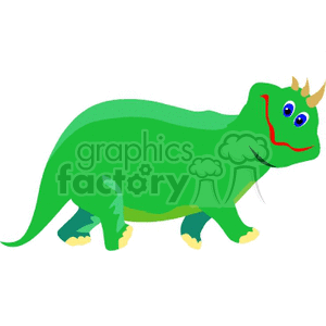 This is a clipart image of a green cartoon dinosaur. It has a smiling face, with red smiling lips and a blue outline around its eye, which has a red pupil. It appears to be a friendly representation of a dinosaur, possibly a triceratops, given the three horns on its head and the shape of its body.