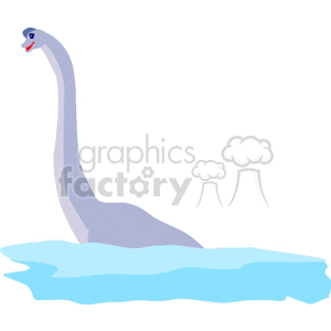 This image features a stylized, cartoonish depiction of a dinosaur with a long neck, often referred to as a sauropod or specifically as an Apatosaurus or Brachiosaurus, situated in water. The dinosaur is primarily in shades of gray with a simplistic face detail in red, white, and blue, which gives it a humorous or whimsical appearance. The water is represented in different shades of blue, indicating the dinosaur is partially submerged.