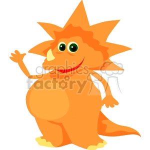 This image features a cartoon dinosaur that is orange in color with a friendly and smiling face, large eyes, and a row of triangular spikes or plates on its back. The dinosaur appears to be standing upright and waving with one hand.