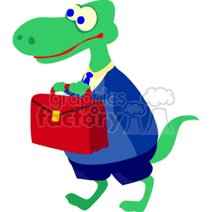 This clipart image depicts a stylized cartoon dinosaur standing upright like a human, wearing a business suit with a blue jacket and a collar and tie, holding a red briefcase. The dinosaur is green with a lighter green belly, and it appears to be smiling. It is designed to appear as if the dinosaur is ready for a work or career setting, bringing a humorous twist to the concept of business.