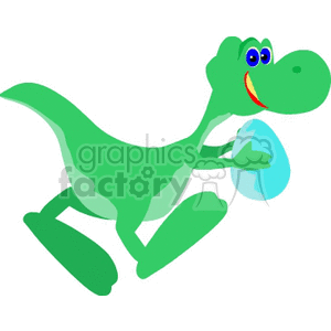 The image shows a cartoon of a cheerful green dinosaur holding a blue egg. The dinosaur is standing on its hind legs and appears to be walking or running while holding the egg carefully with its front limbs.