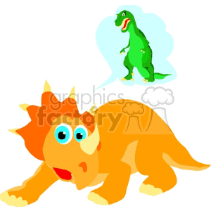 The clipart image shows two cartoon dinosaurs. In the foreground, there's an orange dinosaur looking startled or scared, with big blue eyes and a ridge of spiky plates along its back. In the thought bubble above, there is a green Tyrannosaurus Rex (T-Rex) with a menacing posture, which seems to be the source of the orange dinosaur's concern.