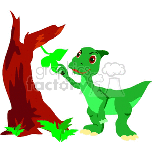 Cartoon Baby Dinosaur with Leaf and Tree