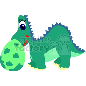This is an image of a colorful cartoon dinosaur, which appears to be a friendly depiction with a stylized design, standing next to a spotted egg. The dinosaur is predominantly green with blue spiky details running along its back and a smiling expression, possibly indicating a playful or gentle nature typical of illustrations aimed at children.
