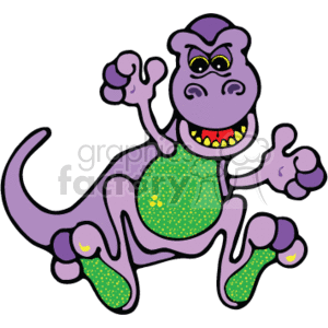 The clipart image shows a green and purple Tyrannosaurus Rex dinosaur standing on its two hind legs with its arms raised in the air. The dinosaur has sharp teeth, a long tail, and small arms with claws. It appears to be roaring or shouting.