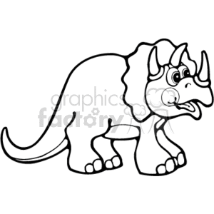 The clipart image shows a cartoon illustration of a black and white triceratops standing on all fours. It has its mouth open. 3 horns on its head, and it is looking over towards the right 