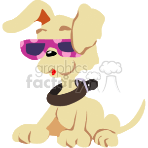 The clipart image shows a simple drawing of a light brown dog with floppy ears and a wagging tail, sitting on its haunches. The dog is facing front with its tongue sticking out and appears to be happy or excited. It has purple sunglasses on and a brown collar on its neck

