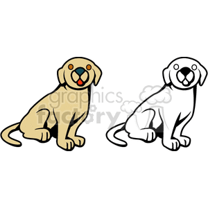 The clipart image features two cartoon representations of dogs (canines). On the left, there is a colored illustration of a tan puppy with its tongue out. The right side shows the outline of a similar dog without color fill. Both dogs appear to be sitting and have simplified features typical of clipart.