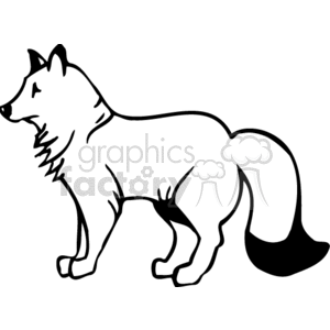 The clipart image depicts a stylized illustration of a dog standing in profile. The dog has prominent features, such as a pointed snout, upright ears, a full, furry coat, and a bushy tail with a contrasting tip.