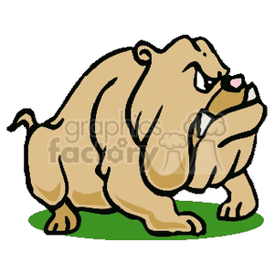 This image features a cartoon representation of a bulldog. The bulldog is predominantly tan, with exaggerated features characteristic of clipart, including a prominent jowl, a wrinkled face, and a stocky build. The dog is standing on a small patch of green, which suggests grass.