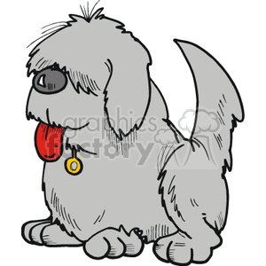 The clipart image depicts a cartoon of a dog sitting down. The dog appears fluffy, with a wagging tail, and its tongue hanging out. The dog also has a collar with a tag, suggesting it is a pet.