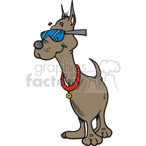 The clipart image features a brown dog with prominent ears standing upright. The dog is wearing a pair of blue sunglasses and a red collar with a yellow tag, giving off a cool and relaxed summer vibe. The dog also appears to have a smirk or a relaxed expression.