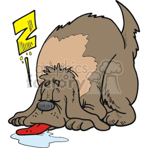 The clipart image displays a cartoon dog sleeping and drooling. The dog is lying down with its head resting on the ground and a small puddle of drool forming beneath its open mouth. The illustration also includes a Z symbol above the dog's head, signifying that the dog is asleep.
