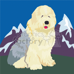 This clipart image features a fluffy dog sitting in the foreground with a backdrop of mountains. The dog appears to be a large breed with a shaggy cream and grey coat, and it's looking slightly upwards with its mouth open. The blue and purple mountains in the background suggest a cool or alpine environment.