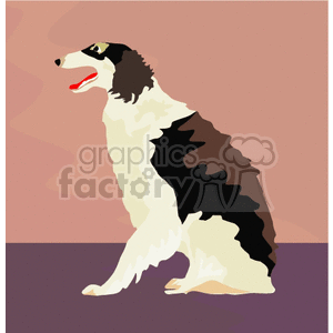 This clipart image features a dog in a seated position. The dog appears to be of a breed with a medium to long coat, with dominant white fur and patches of black and light brown. It has a distinctive facial marking with black around the eye area. The dog's mouth is open, which could indicate panting or a relaxed state. The background is a simple gradient with shades of purple and a touch of pink, giving a subtle contrast to the dog's colors.