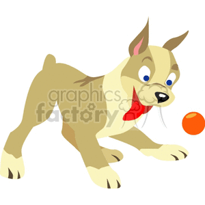 The clipart image depicts a cartoon of a playful tan and white dog with pointy ears and blue eyes. Its mouth is open, revealing a red tongue, and it appears to be excited or in motion, possibly chasing an orange ball that is to its right.