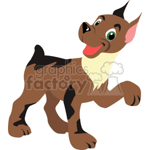 The clipart image shows a playful, cartoon-style depiction of a brown and black dog with a happy expression. The dog appears to be in motion, possibly running or frolicking.