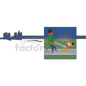 This clipart image features a person and a dog. The person appears to be an African American individual with short hair, wearing a green shirt and blue pants, walking a dog on a leash. The dog, which looks to be a medium-sized breed with brown fur, is shown with a happy expression and its tongue out, suggesting it is enjoying the walk. In the background, there's a silhouette of a city skyline depicting an urban environment.