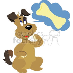 The image depicts a cartoon dog sitting down and appearing to be deep in thought or daydreaming. Above the dog's head is a thought bubble containing a large bone, indicating that the dog is fantasizing about or longing for the bone. The dog has a pleased expression, suggesting it is content with the thought of the bone.