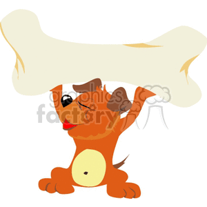This clipart image features a stylized cartoon of a happy brown dog with a spot around one eye, holding a large white bone over its head.