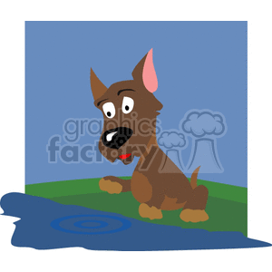 The image depicts a cartoon-style brown dog with a red collar, sitting on green grass beside a blue water puddle. The background is a plain blue, likely representing the sky.