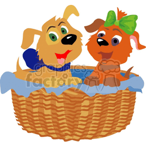 The clipart image depicts two cartoon dogs sitting inside a wicker basket. The dog on the left is yellow, with a playful expression and a blue collar, and one ear pointing up. The dog on the right is brown with a cheerful face, wearing a green bow on its head. Both dogs appear friendly and happy.