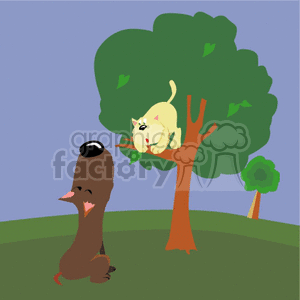 The clipart image depicts a brown dog standing on its hind legs with its front paws up and mouth open as if it is barking. Above it, in a green tree with an orange trunk, there is a white cat looking down at the dog, appearing somewhat distressed or alarmed by the dog's barking. There are hints of grass and what looks like another tree in the background, under a light blue sky.