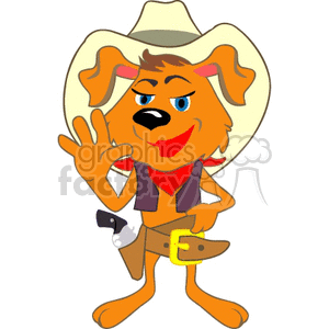 This clipart image features a cartoon dog dressed up in a Western-style cowboy or sheriff outfit. The dog is standing on its hind legs, waving with one paw, and has a friendly expression on its face. It is wearing a large cowboy hat, a vest, a belt with a big buckle, and a holster with a gun. 