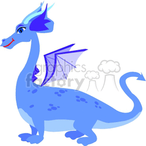 The clipart image features a stylized cartoon dragon. The dragon is predominantly blue, with darker blue spots decorating its body and tail. It has a pair of purple horns on its head and a friendly expression, with small purple wings and a long, curved tail.