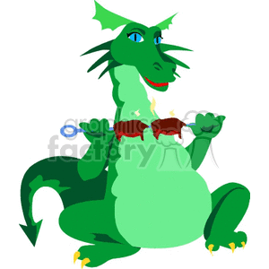 This clipart image features a cartoon-style green dragon sitting down with a playful expression. The dragon is holding a skewer with two pieces of cooked meat, suggesting it has cooked or is ready to cook the meat potentially using its fiery breath.