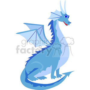 This is an image of a friendly-looking, blue, cartoon dragon. The dragon has a long neck, a pointed snout, prominent ears, and large, expressive eyes. It features stylized wings, a long curled tail, and a spiky crest running down its back.