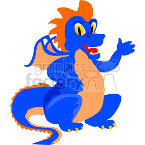 This clipart image features a stylized cartoon dragon. The dragon has blue skin with orange accents, such as the underside of its tail, belly, wing membranes, spines, and what appear to be the tips of its ears or crests. It has a somewhat rounded, friendly appearance with big eyes and a smiling expression, showcasing its sharp teeth. The dragon is posed as if it's speaking or gesturing with one clawed hand raised.