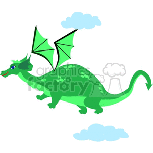 This clipart image depicts a stylized cartoon dragon. The dragon is green with lighter green spots, blue eyes, and large, wing-like structures on its back. It has a long tail that curls at the end and appears to be standing against a white background with a couple of small blue clouds.