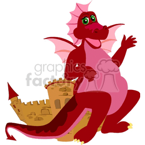 Red and pink dragon beside a castle