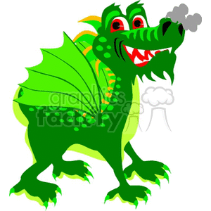 The clipart image features a cartoon-style green dragon with wings. The dragon has a playful expression, with its mouth open showing teeth and its eyes wide and friendly. It has yellow and orange accents around its eyes and wing joints, with lighter green spots on its body. The dragon is also breathing out a small puff of smoke.