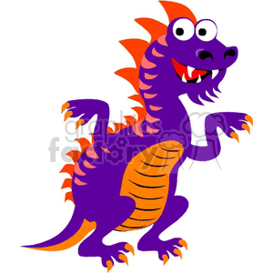 The clipart image features a cartoon-style dragon with a playful design. The dragon is predominantly purple with orange accents on its spikes and belly. It has big, expressive eyes, a friendly smile showing its teeth, and is standing on two legs with its arms raised as if in a playful or happy stance.